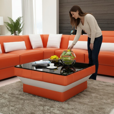 Designer Couchtisch Polster Tisch Leder Glas Moderner Tische #8009