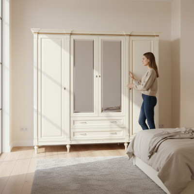 Klassischer Schrank Kleiderschrank Massiv Landhaus Großer Spiegelschrank FL-D4