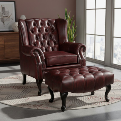 Chesterfield Ohrensessel + Hocker Sessel Couch Polster Set Leder Textil 16101330