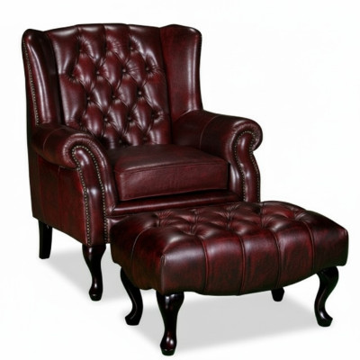 Chesterfield Ohrensessel + Hocker Sessel Couch Polster Set Leder Textil 16101330