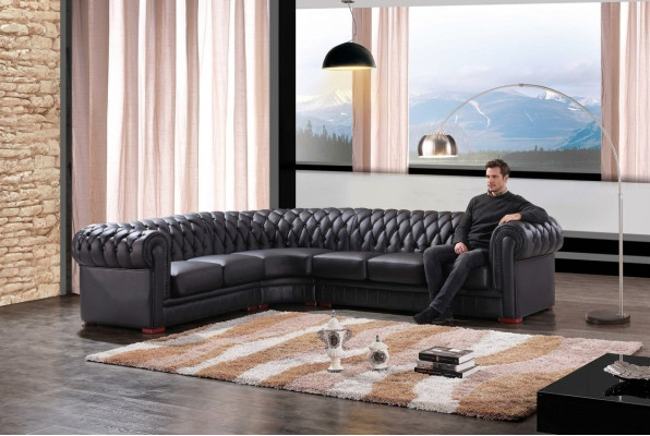 Chesterfield Ecksofa Eckcouch Designer Sofa Schwarz Couch 100% Leder 