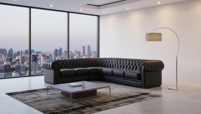 Chesterfield Ecksofa Eckcouch Designer Sofa Schwarz Couch 100% Leder 