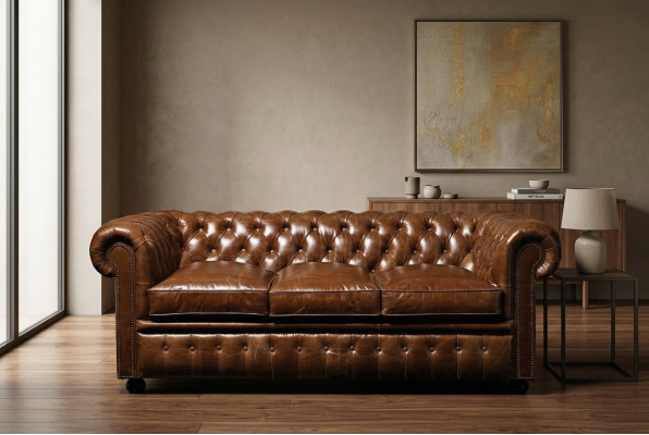 Brauner Leder Chesterfield Dreisitzer Luxus 3-er Wohnzimmer Couch