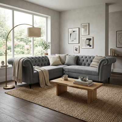 Graues Chesterfield Ecksofa Eckcouch Designer L-Form Samt Sofa