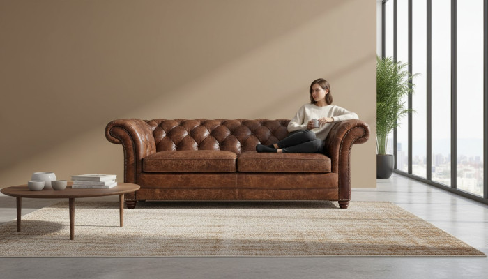 Chesterfield 100% Echtes Leder Ledersofa Sofa Couch Polster Klassische Couchen