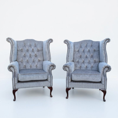 Chesterfield  Ohrensessel Sessel Couch Sofa Polster Sitz Lounge Babyblau Relax