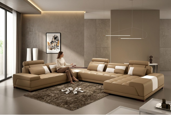 Ledersofa Sofa Polster Sitz Ecke Wohnlandschaft Couch Eckgarnitur PH376 Beige