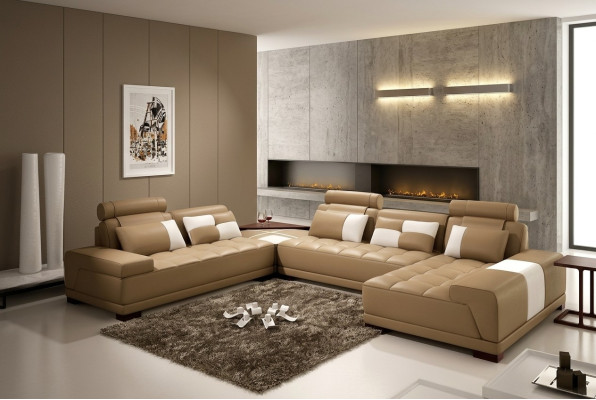 Ledersofa Sofa Polster Sitz Ecke Wohnlandschaft Couch Eckgarnitur PH376 Beige