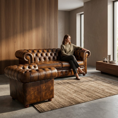 Chesterfield Dekor Sofa Couch Polster Leder Textil Sofagarnitur 2+1 Polster
