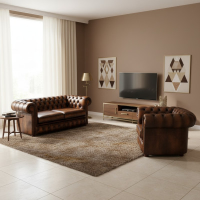 Chesterfield Dekor Sofa Couch Polster Leder Textil Sofagarnitur 2+1 Polster