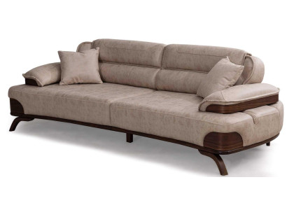 3 Sitzer Sofa Leder Beige Kissen Modern Elegant Holzelemente Gemütlich