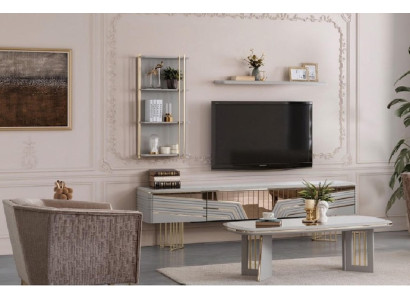 Wohnzimmer-Set Grau/Gold 5-teilig Couchtisch Sessel TV-Board Regale