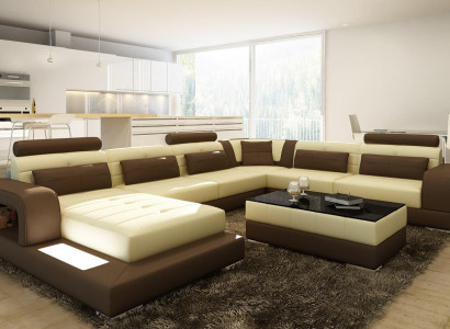 XXL Big Wohnlandschaft Sofa + USB Polster Eck Leder Sofas Garnitur Couchen LED