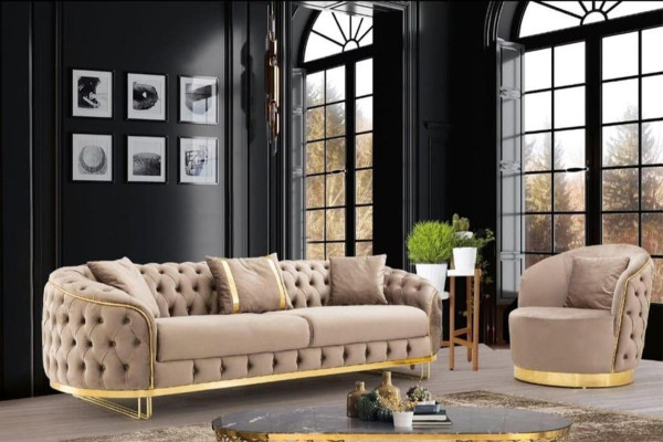 Wohnzimmer Designer Beiger Chesterfield Sessel Polster Möbel Luxus Design