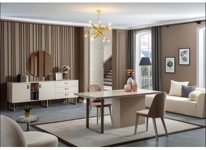 Beige Esstischset 4 x stühle tische küche luxusmöbel anrichte spiegel