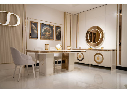 Elegantes Esszimmer Set in Beige mit Holz Tisch und Stühlen