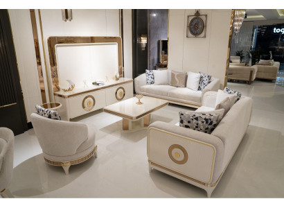 Elegantes Stoff-Sofa-Set in Beige mit Holzdesign für modernes