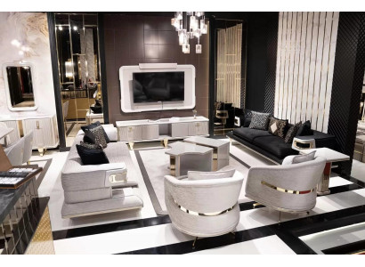 Elegantes weißes Sofa-Set aus Stoff mit Holzdetails für modernes