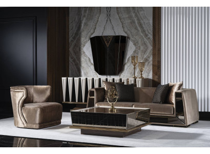 Elegantes braunes Wohnzimmer Set aus Textil und Holz