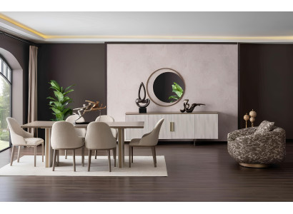Esszimmer-Set mit Tisch, 6 Stühlen, Sideboard und Spiegel
