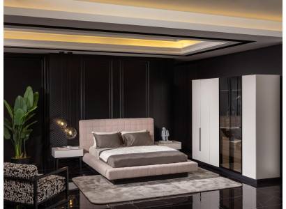 Elegantes Beiges Schlafzimmer-Set aus Holz und Stoff