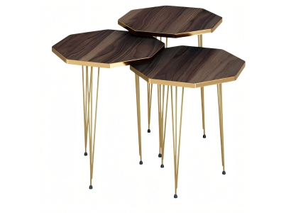 Elegantes braunes Couchtisch-Set aus Holz und Edelstahl