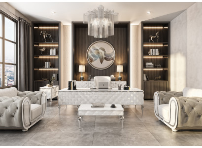Elegantes Arbeitszimmer-Set mit weißen Holz-Textil Möbeln