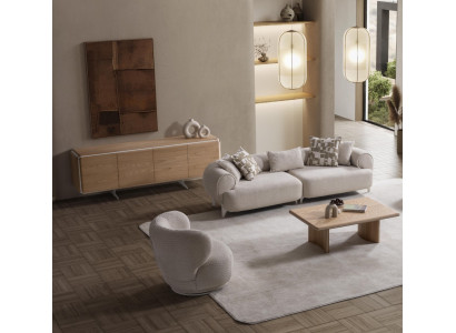 Beige Textil Wohnzimmer Set mit Holzrahmen modern und elegant