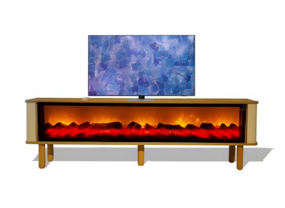 Formschöner TV-Schrank mit Holzbeinen wählbare Kaminfarbe, Musik via Bluetooth