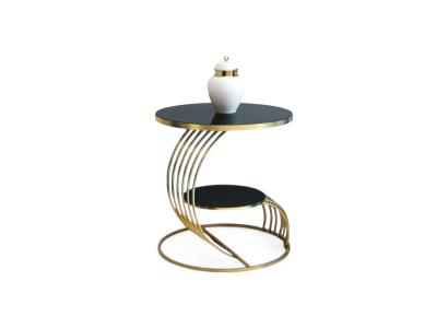 Designer-Tisch mit runder Tischplatte und geschwungenem goldenen Gestell