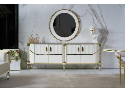 Weißes Sideboard mit Spiegel, 4 Türen, 4 Schubladen, Modern