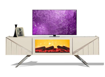 Weißes Holz TV-Lowboard mit Kamin und eleganten Metallfüßen
